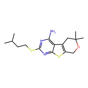 2-(isopentylsulfanyl)-6,6-dimethyl-5,8-dihydro-6H-pyrano[4',3':4,5]thieno[2,3-d]pyrimidin-4-amine structure