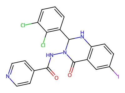 N-[2-(2,3-dichlorophenyl)-6-iodo-4-oxo-1,2-dihydroquinazolin-3-yl]pyridine-4-carboxamide structure