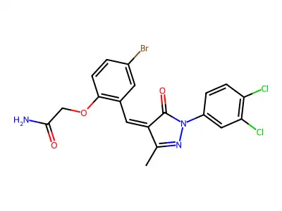 2-[4-bromo-2-[(Z)-[1-(3,4-dichlorophenyl)-3-methyl-5-oxopyrazol-4-ylidene]methyl]phenoxy]acetamide structure