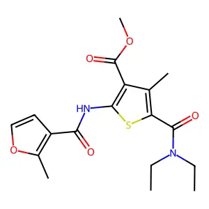 methyl 5-(diethylcarbamoyl)-4-methyl-2-[(2-methylfuran-3-carbonyl)amino]thiophene-3-carboxylate structure