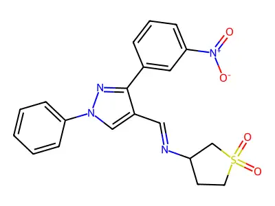 (E)-3-(((3-(3-nitrophenyl)-1-phenyl-1H-pyrazol-4-yl)methylene)amino)tetrahydrothiophene 1,1-dioxide structure