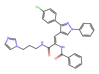 (Z)-N-(3-((3-(1H-imidazol-1-yl)propyl)amino)-1-(3-(4-chlorophenyl)-1-phenyl-1H-pyrazol-4-yl)-3-oxoprop-1-en-2-yl)benzamide structure