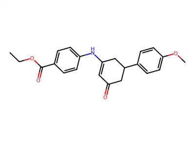 Ethyl 4-{[5-(4-methoxyphenyl)-3-oxocyclohex-1-enyl]amino}benzoate structure