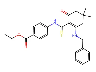 ethyl 4-({[2-(benzylamino)-4,4-dimethyl-6-oxocyclohex-1-en-1-yl]carbonothioyl}amino)benzoate structure