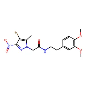 2-(4-bromo-5-methyl-3-nitropyrazol-1-yl)-N-[2-(3,4-dimethoxyphenyl)ethyl]acetamide structure
