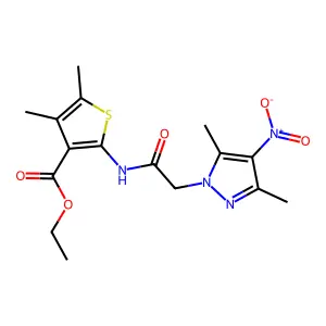 ethyl 2-[({4-nitro-3,5-dimethyl-1H-pyrazol-1-yl}acetyl)amino]-4,5-dimethyl-3-thiophenecarboxylate structure