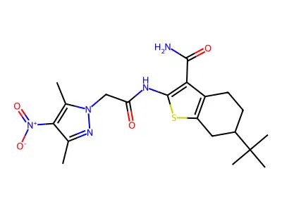 6-tert-butyl-2-[[2-(3,5-dimethyl-4-nitropyrazol-1-yl)acetyl]amino]-4,5,6,7-tetrahydro-1-benzothiophene-3-carboxamide structure