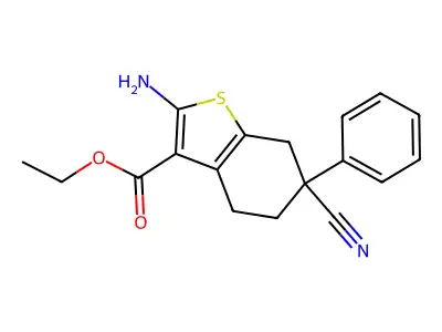 Ethyl 2-amino-6-cyano-6-phenyl-4,5,6,7-tetrahydro-1-benzothiophene-3-carboxylate structure