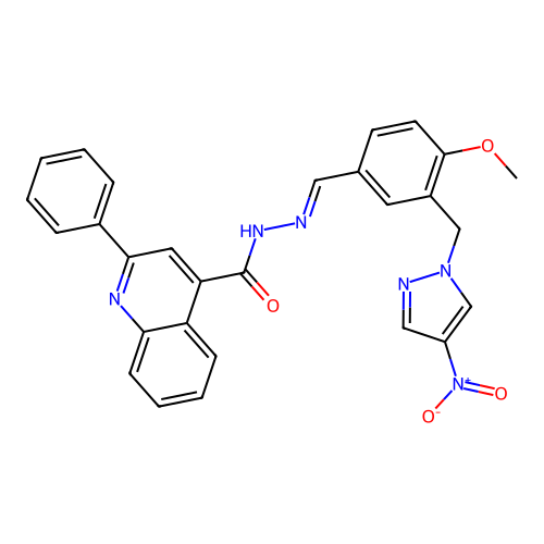 N-[(E)-[4-methoxy-3-[(4-nitropyrazol-1-yl)methyl]phenyl]methylideneamino]-2-phenylquinoline-4-carboxamide structure