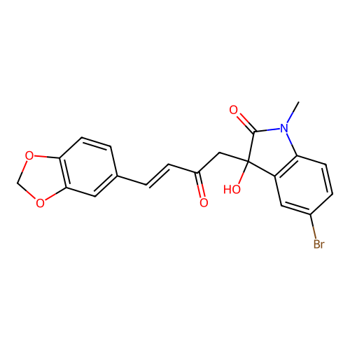 3-[(3E)-4-(1,3-benzodioxol-5-yl)-2-oxobut-3-en-1-yl]-5-bromo-3-hydroxy-1-methyl-1,3-dihydro-2H-indol-2-one structure