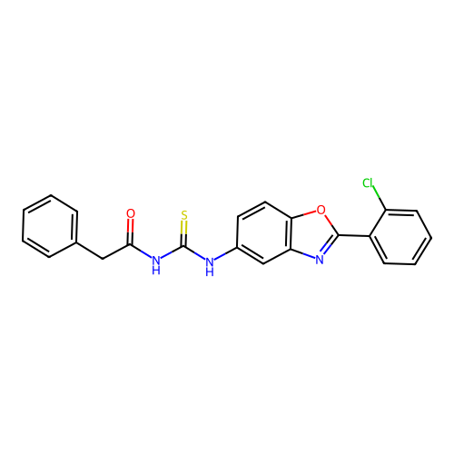 N-({[2-(2-chlorophenyl)benzoxazol-5-yl]amino}thioxomethyl)-2-phenylacetamide structure