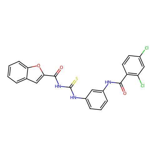 N-((3-(2,4-dichlorobenzamido)phenyl)carbamothioyl)benzofuran-2-carboxamide structure