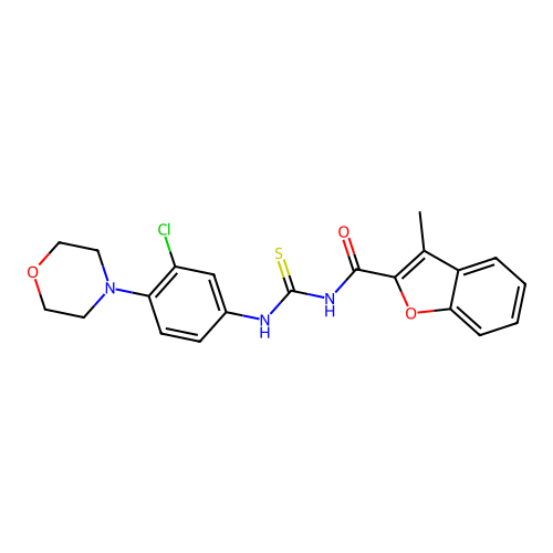 N-((3-chloro-4-morpholinophenyl)carbamothioyl)-3-methylbenzofuran-2-carboxamide structure