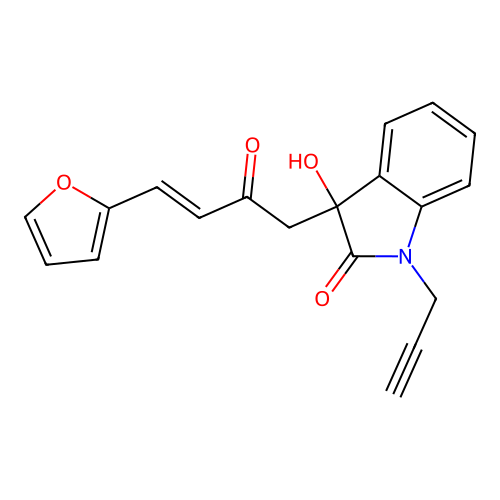 3-[(E)-4-(furan-2-yl)-2-oxobut-3-enyl]-3-hydroxy-1-prop-2-ynylindol-2-one structure