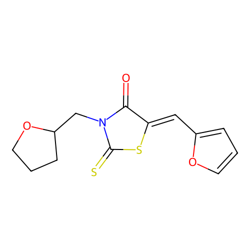 (5Z)-5-(furan-2-ylmethylidene)-3-(tetrahydrofuran-2-ylmethyl)-2-thioxo-1,3-thiazolidin-4-one structure