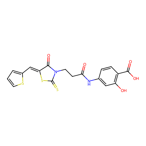 (Z)-2-hydroxy-4-(3-(4-oxo-5-(thiophen-2-ylmethylene)-2-thioxothiazolidin-3-yl)propanamido)benzoic acid structure