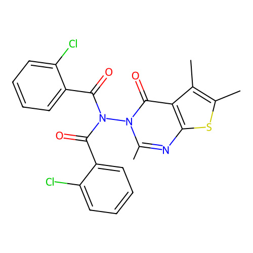 2-chloro-N-[(2-chlorophenyl)carbonyl]-N-(2,5,6-trimethyl-4-oxothieno[2,3-d]pyrimidin-3(4H)-yl)benzamide structure