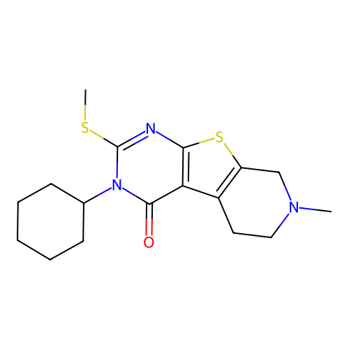 3-cyclohexyl-7-methyl-2-(methylthio)-5,6,7,8-tetrahydropyrido[4',3':4,5]thieno[2,3-d]pyrimidin-4(3H)-one structure