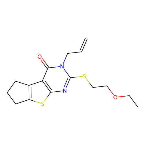 2-(2-ethoxyethylthio)-3-prop-2-enyl-3,5,6,7-tetrahydrocyclopenta[2,1-d]pyrimid ino[4,5-b]thiophen-4-one structure