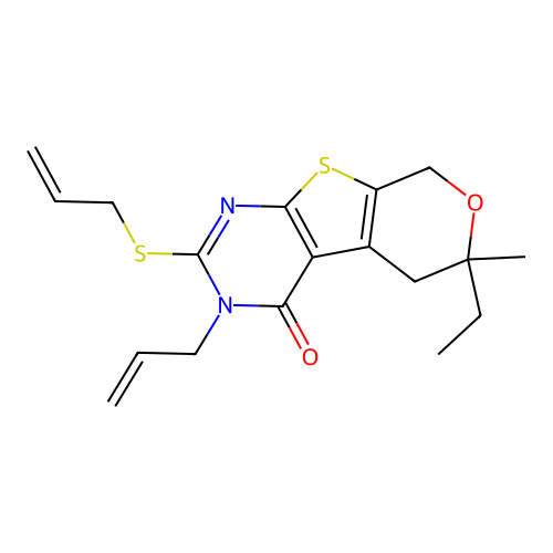 3-allyl-2-(allylthio)-6-ethyl-6-methyl-5,6-dihydro-3H-pyrano[4',3':4,5]thieno[2,3-d]pyrimidin-4(8H)-one structure