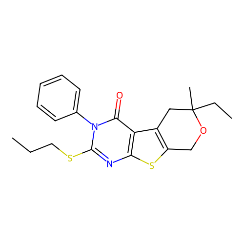 6-ethyl-6-methyl-3-phenyl-2-(propylsulfanyl)-3,5,6,8-tetrahydro-4H-pyrano[4',3':4,5]thieno[2,3-d]pyrimidin-4-one structure
