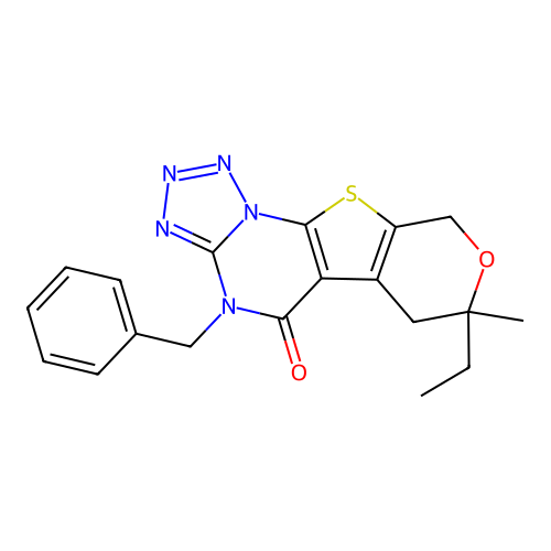 4-benzyl-7-ethyl-7-methyl-6,7-dihydro-4H-pyrano[4',3':4,5]thieno[3,2-e]tetrazolo[1,5-a]pyrimidin-5(9H)-one structure