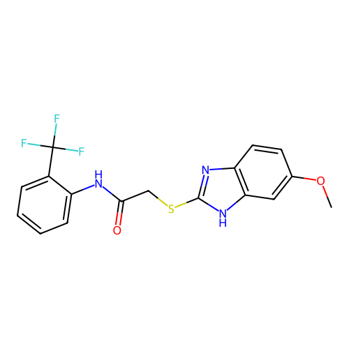 2-(5-methoxybenzimidazol-2-ylthio)-N-[2-(trifluoromethyl)phenyl]acetamide structure