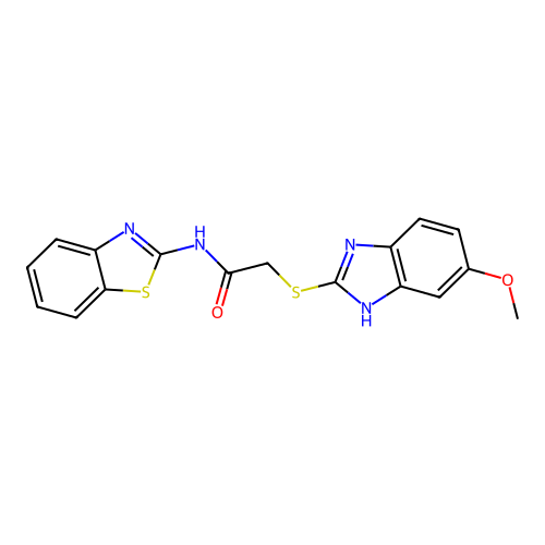 N-(1,3-benzothiazol-2-yl)-2-[(5-methoxy-1H-benzimidazol-2-yl)sulfanyl]acetamide structure