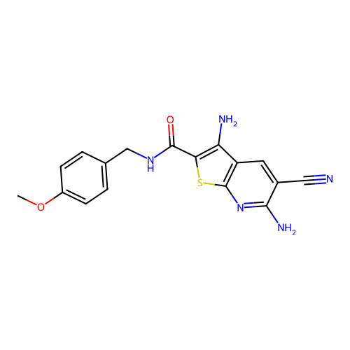 3,6-diamino-5-cyano-N-(4-methoxybenzyl)thieno[2,3-b]pyridine-2-carboxamide structure