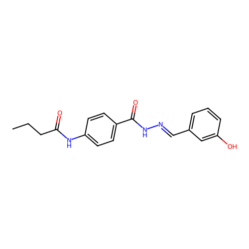 N-(4-{[(2E)-2-(3-hydroxybenzylidene)hydrazinyl]carbonyl}phenyl)butanamide structure