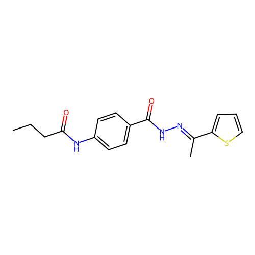 N-[4-({(2E)-2-[1-(thiophen-2-yl)ethylidene]hydrazinyl}carbonyl)phenyl]butanamide structure