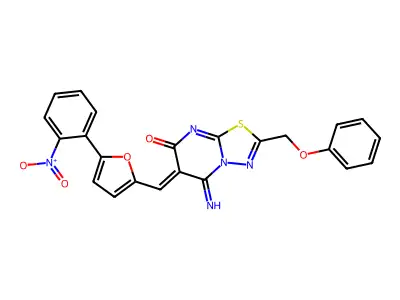 (6Z)-5-imino-6-[[5-(2-nitrophenyl)furan-2-yl]methylidene]-2-(phenoxymethyl)-[1,3,4]thiadiazolo[3,2-a]pyrimidin-7-one structure