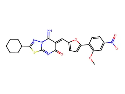 (6Z)-2-cyclohexyl-5-imino-6-[[5-(2-methoxy-4-nitrophenyl)furan-2-yl]methylidene]-[1,3,4]thiadiazolo[3,2-a]pyrimidin-7-one structure