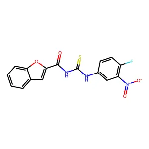 N-[(4-fluoro-3-nitrophenyl)carbamothioyl]-1-benzofuran-2-carboxamide structure