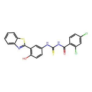 N-((3-(benzo[d]thiazol-2-yl)-4-hydroxyphenyl)carbamothioyl)-2,4-dichlorobenzamide structure
