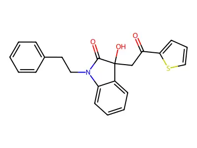 3-hydroxy-3-[2-oxo-2-(thiophen-2-yl)ethyl]-1-(2-phenylethyl)-1,3-dihydro-2H-indol-2-one structure