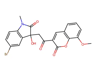 5-bromo-3-hydroxy-3-[2-(8-methoxy-2-oxochromen-3-yl)-2-oxoethyl]-1-methylindol-2-one structure