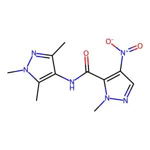 1-methyl-4-nitro-N-(1,3,5-trimethyl-1H-pyrazol-4-yl)-1H-pyrazole-5-carboxamide structure