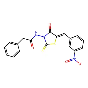 (Z)-N-(5-(3-nitrobenzylidene)-4-oxo-2-thioxothiazolidin-3-yl)-2-phenylacetamide structure