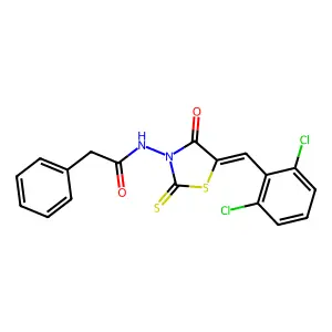 (Z)-N-(5-(2,6-dichlorobenzylidene)-4-oxo-2-thioxothiazolidin-3-yl)-2-phenylacetamide structure