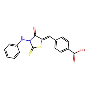 4-[(Z)-(3-anilino-4-oxo-2-sulfanylidene-1,3-thiazolidin-5-ylidene)methyl]benzoic acid structure