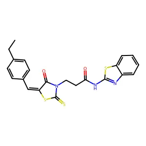 N-(1,3-benzothiazol-2-yl)-3-[(5Z)-5-[(4-ethylphenyl)methylidene]-4-oxo-2-sulfanylidene-1,3-thiazolidin-3-yl]propanamide structure