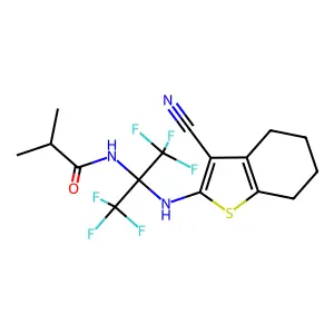 N-[2-[(3-cyano-4,5,6,7-tetrahydro-1-benzothiophen-2-yl)amino]-1,1,1,3,3,3-hexafluoropropan-2-yl]-2-methylpropanamide structure