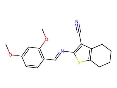 (E)-2-((2,4-dimethoxybenzylidene)amino)-4,5,6,7-tetrahydrobenzo[b]thiophene-3-carbonitrile structure
