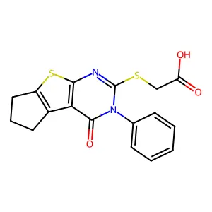 (4-Oxo-3-phenyl-3,5,6,7-tetrahydro-4H-cyclopenta[4,5]thieno[2,3-d]pyrimidin-2-ylsulfanyl)-acetic acid structure