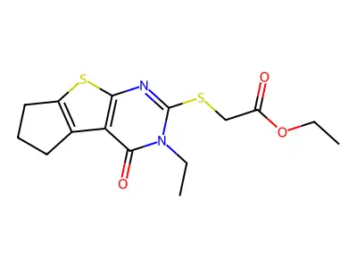 ethyl 2-((3-ethyl-4-oxo-4,5,6,7-tetrahydro-3H-cyclopenta[4,5]thieno[2,3-d]pyrimidin-2-yl)thio)acetate structure