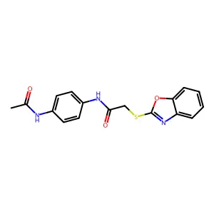 N-[4-(acetylamino)phenyl]-2-(1,3-benzoxazol-2-ylsulfanyl)acetamide structure