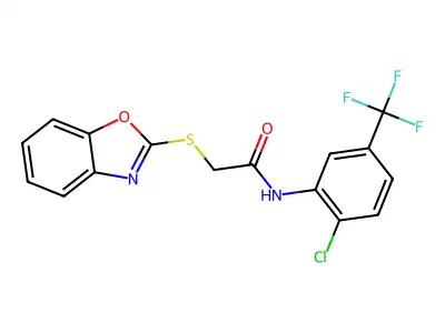 2-(1,3-benzoxazol-2-ylsulfanyl)-N-[2-chloro-5-(trifluoromethyl)phenyl]acetamide structure