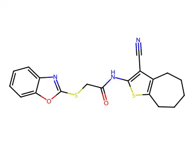 2-(1,3-benzoxazol-2-ylsulfanyl)-N-(3-cyano-5,6,7,8-tetrahydro-4H-cyclohepta[b]thiophen-2-yl)acetamide structure