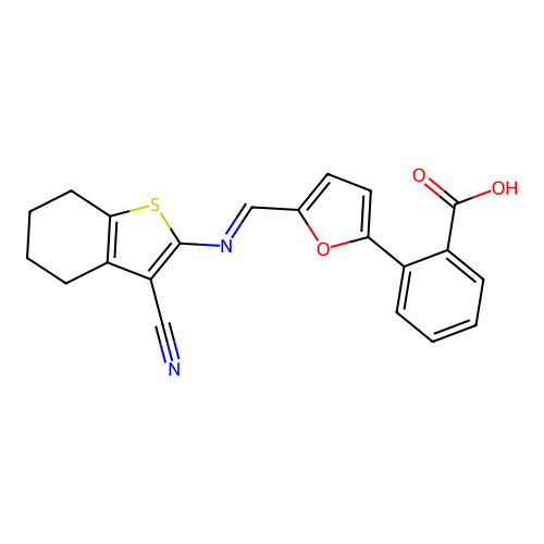 2-[5-[(3-cyano-4,5,6,7-tetrahydrobenzothiophen-2-yl)iminomethyl]-2-furyl]benzoic Acid structure